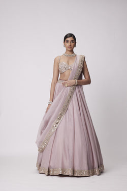 Ash Pink Mirror Hand Embroidered Lehenga Set