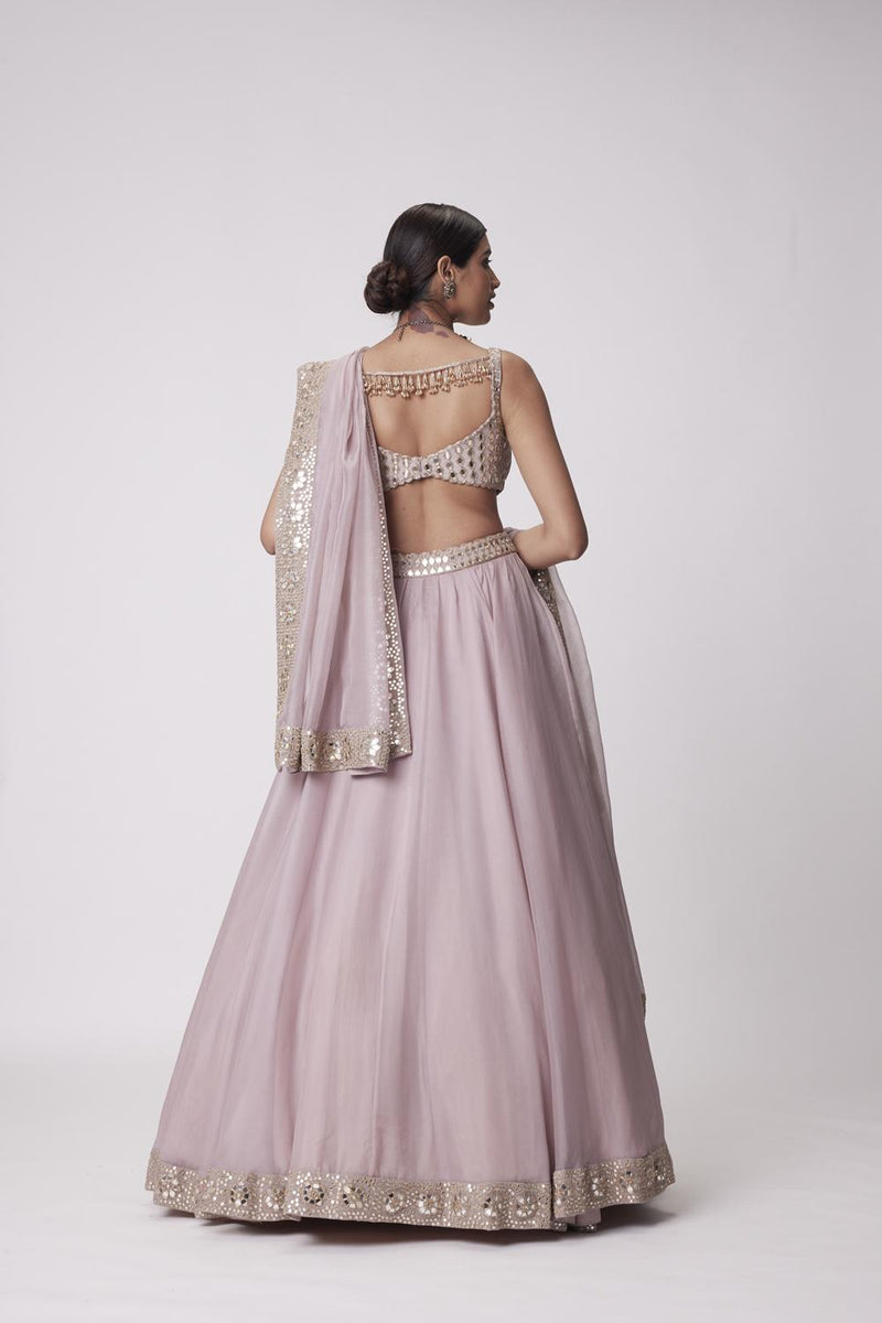 Ash Pink Mirror Hand Embroidered Lehenga Set