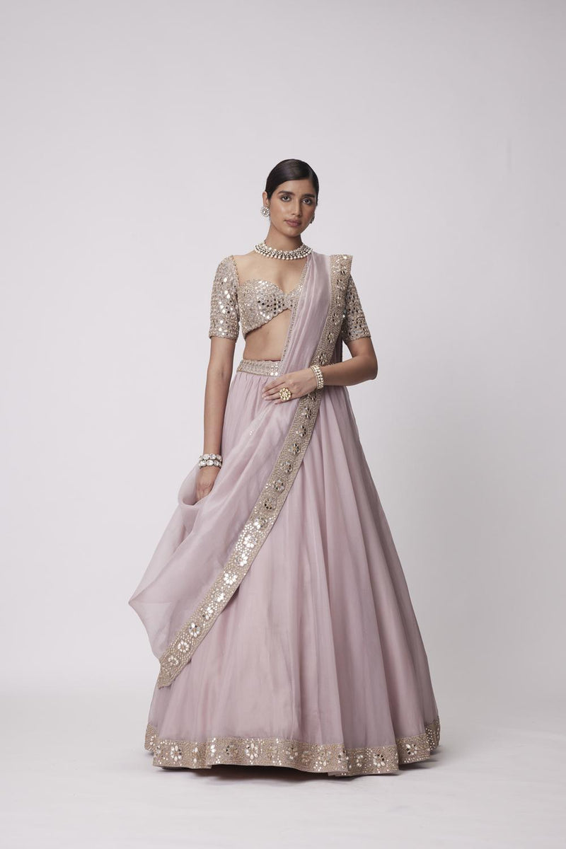 Ash Pink Flower Border Organza Lehenga Set