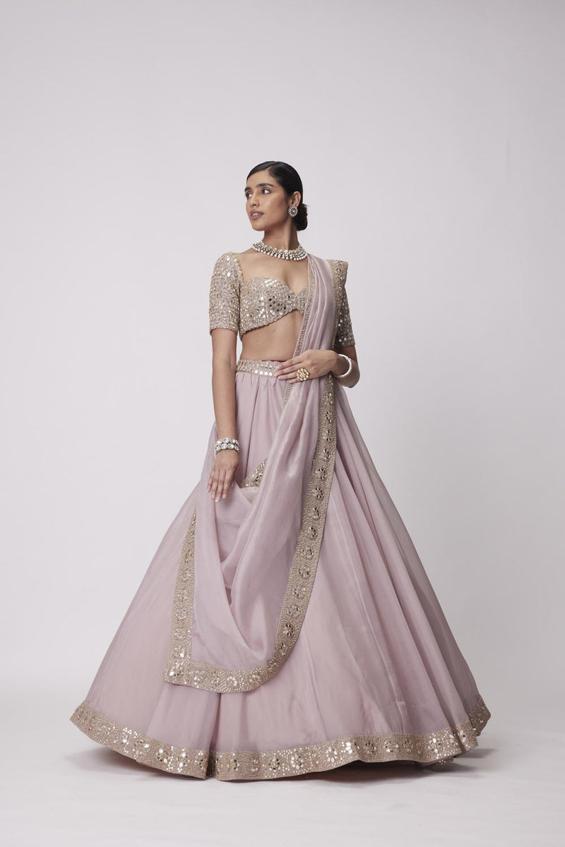 Ash Pink Flower Border Organza Lehenga Set