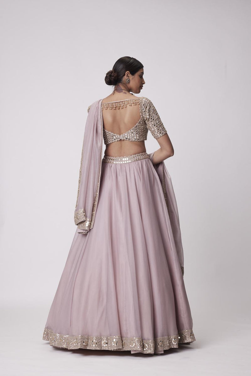 Ash Pink Flower Border Organza Lehenga Set