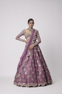 Mud  Mauve Sequin And Flower Embroidered Lehenga Set