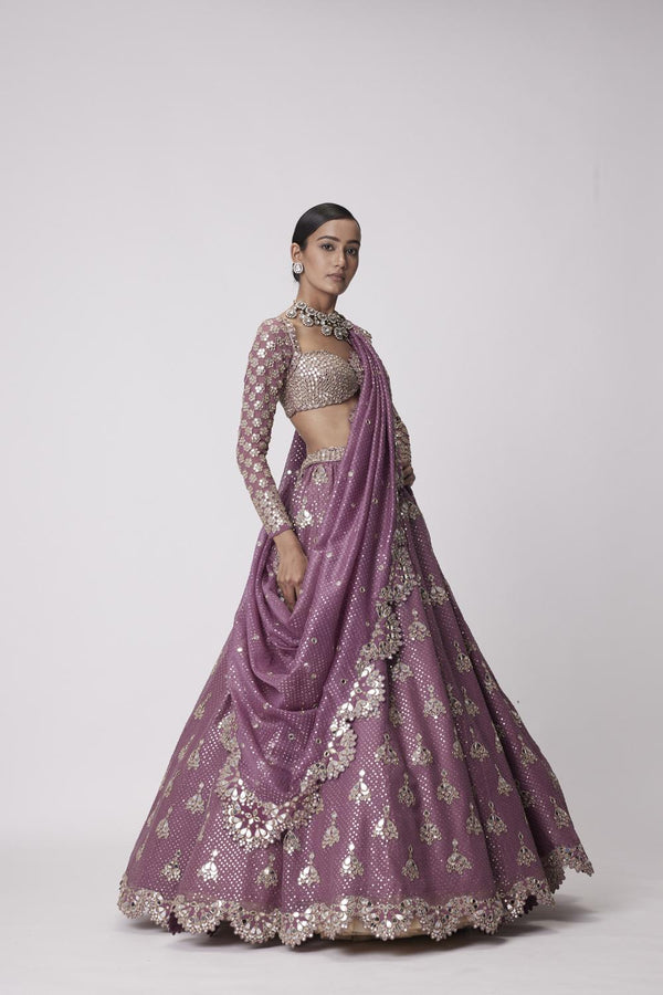 Mud  Mauve Sequin And Flower Embroidered Lehenga Set