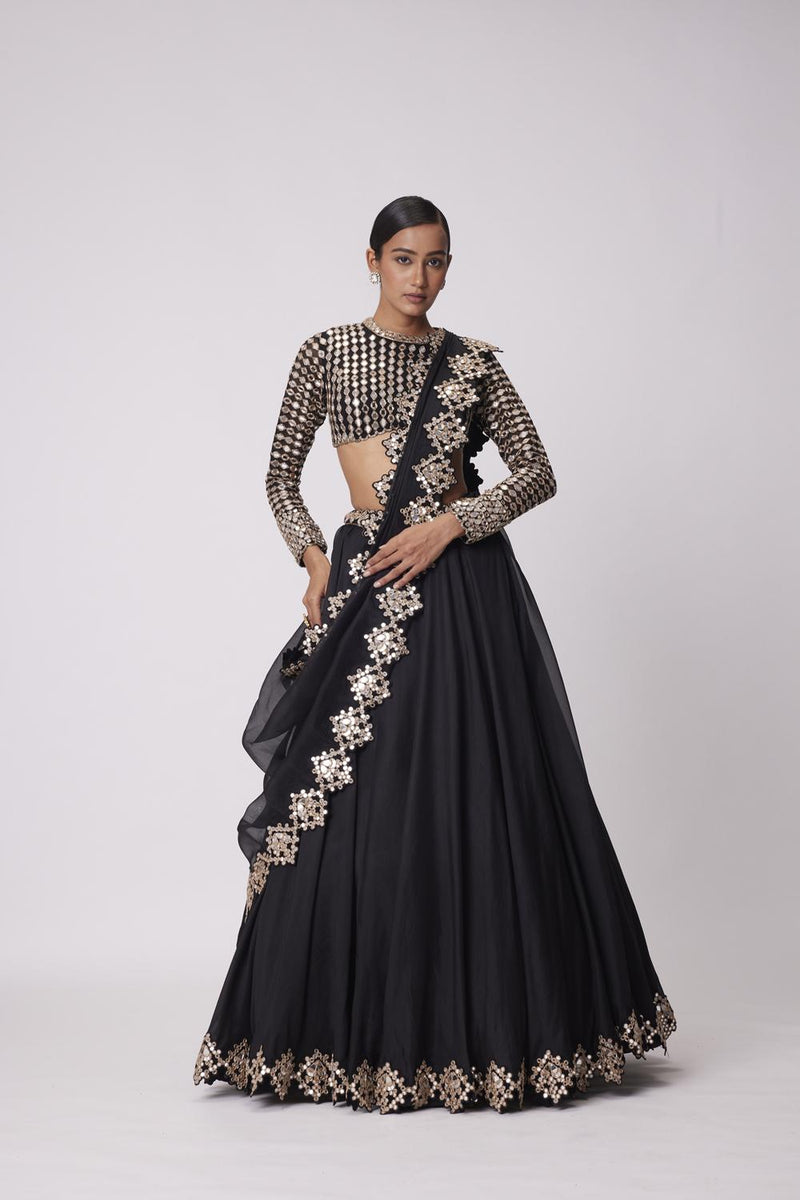 Black Organza Mirror Embroidered Lehenga Set