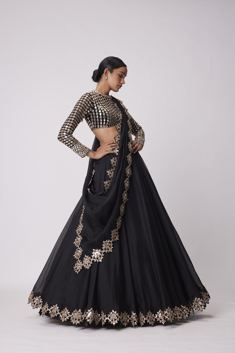 Black Organza Mirror Embroidered Lehenga Set