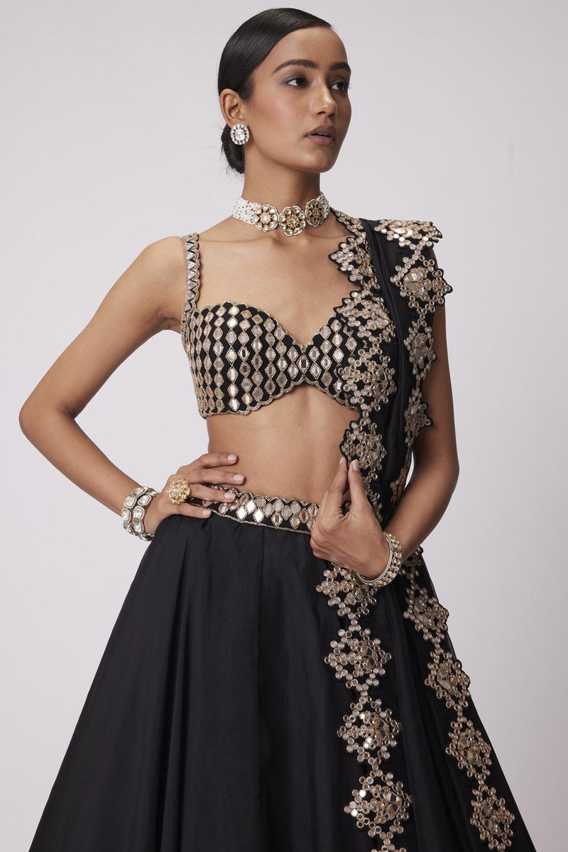 Black Organza Hand Embroidered Lehenga Set