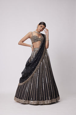 Black Linear Mirror Embroidered Lehenga Set