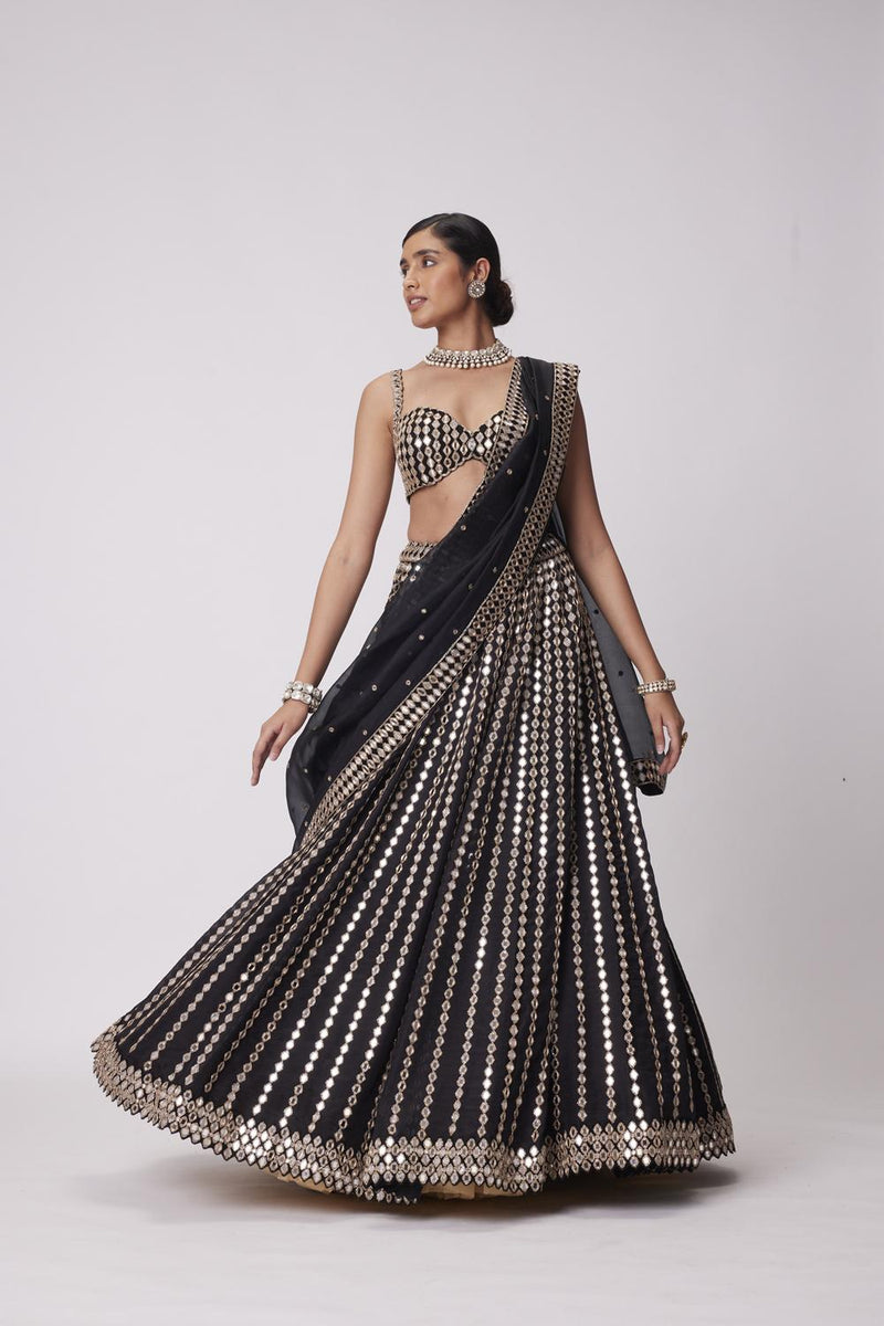 Black Linear Mirror Embroidered Lehenga Set