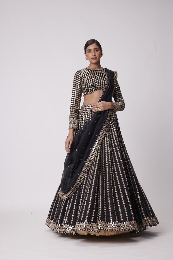 Black Linear Mirror Embroidered Organza Lehenga Set