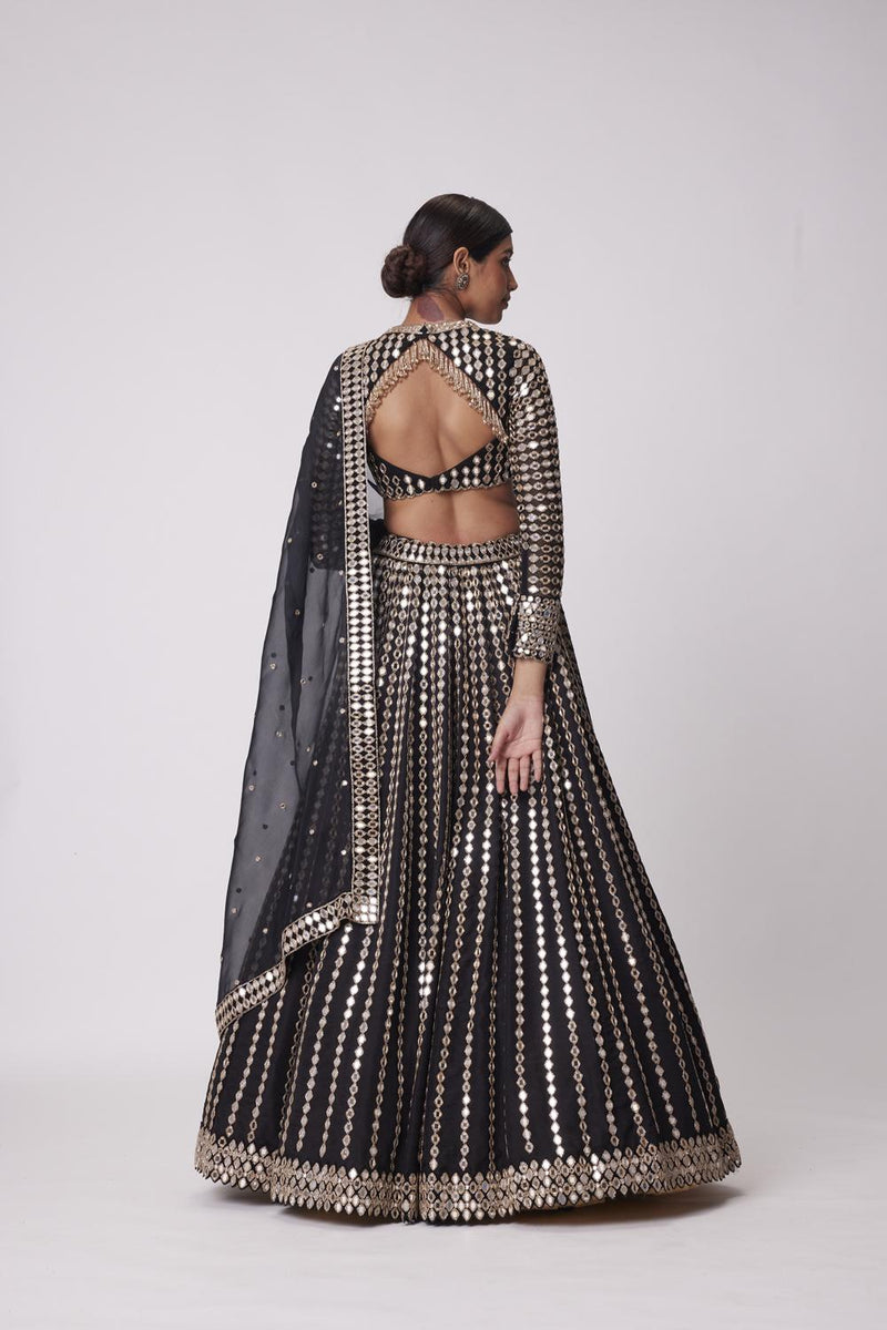 Black Linear Mirror Embroidered Organza Lehenga Set