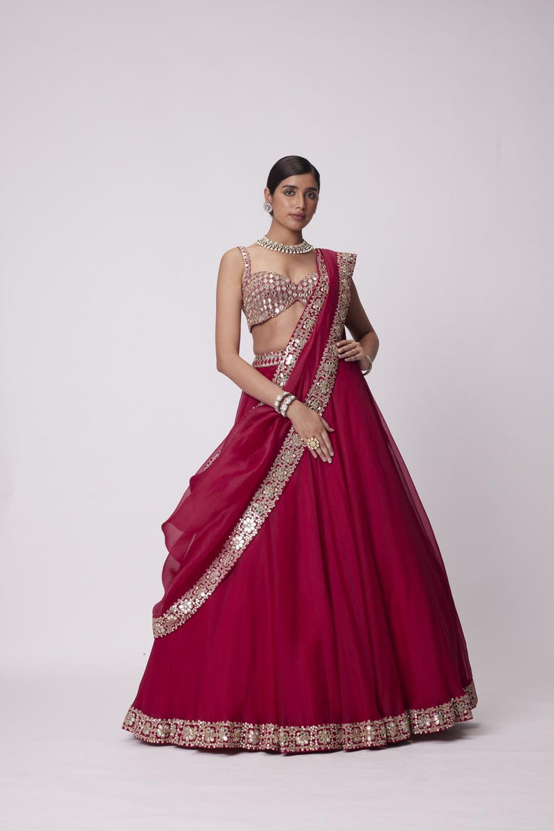 Crimson Red Organza Hand Embroidered Lehenga Set