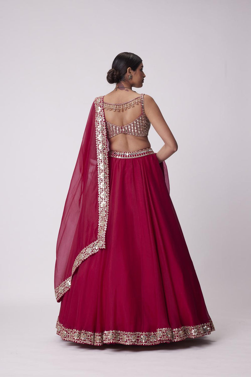 Crimson Red Organza Hand Embroidered Lehenga Set