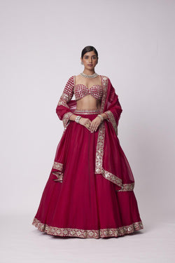 Crimson Red Organza Mirror Lehenga Set