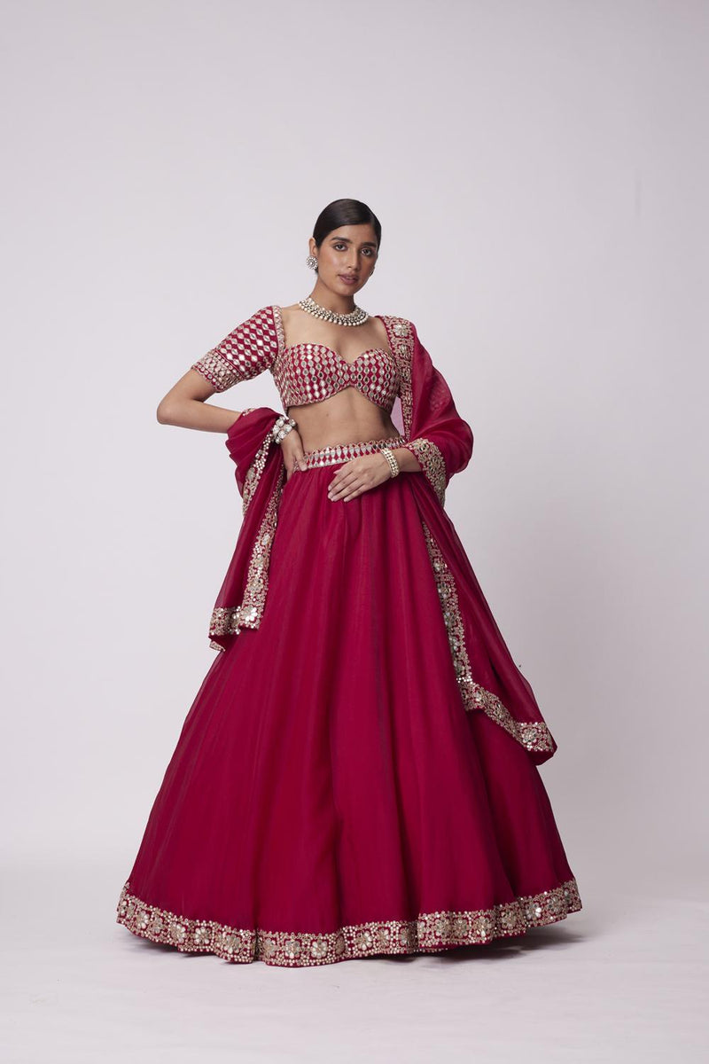 Crimson Red Organza Mirror Lehenga Set