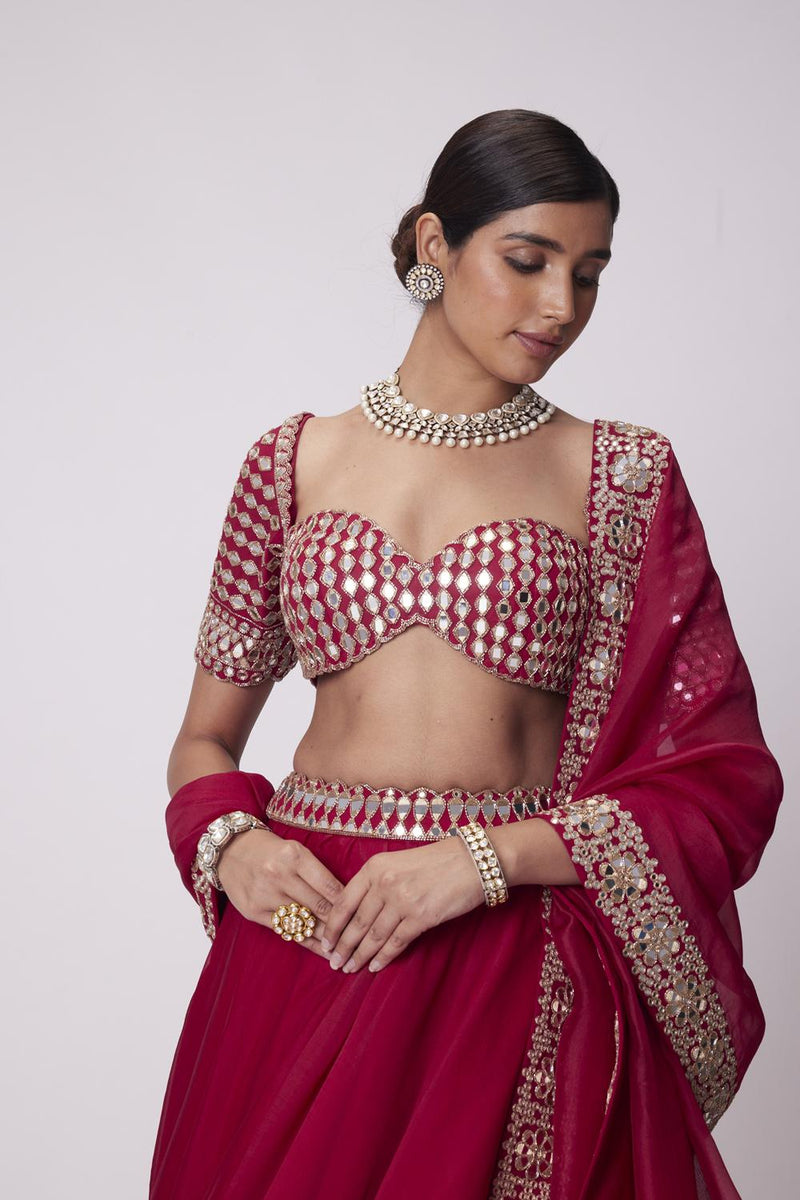 Crimson Red Organza Mirror Lehenga Set