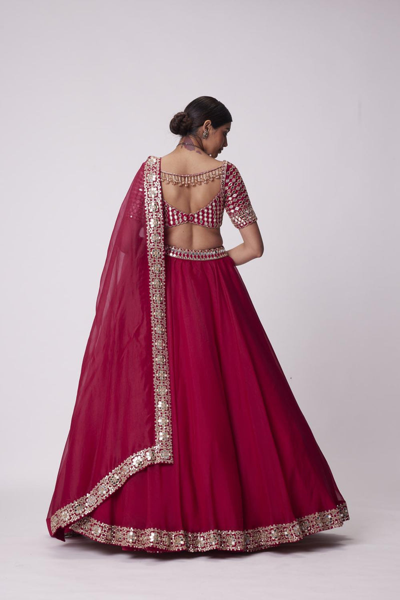 Crimson Red Organza Mirror Lehenga Set