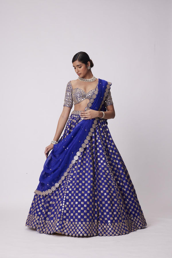 Persian Blue Mirror Flower Embroidered Lehenga Set