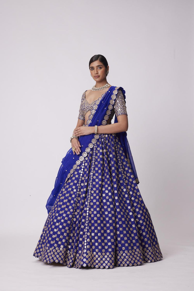 Persian Blue Mirror Flower Embroidered Lehenga Set