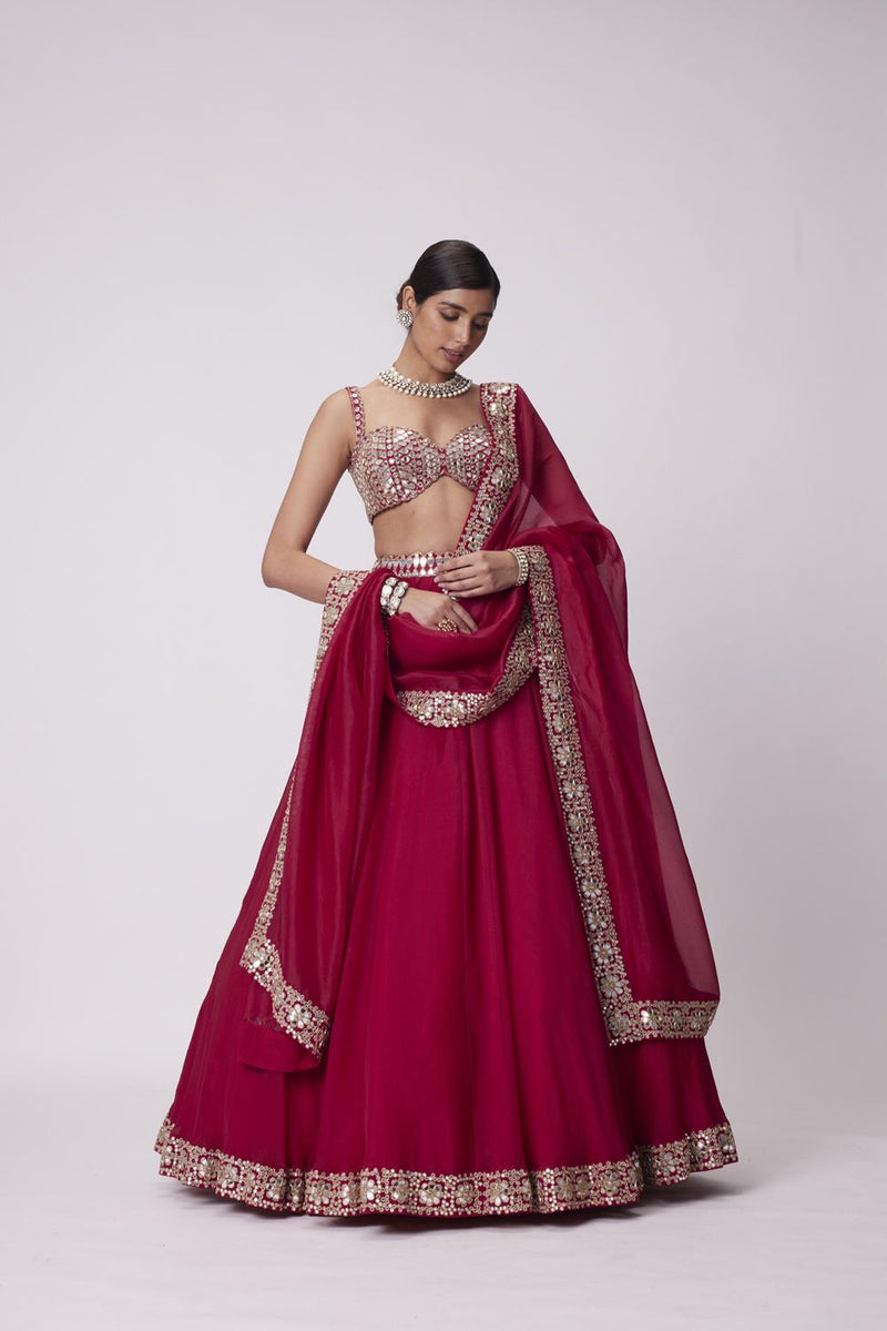 Crimson Red Organza Lehenga Set