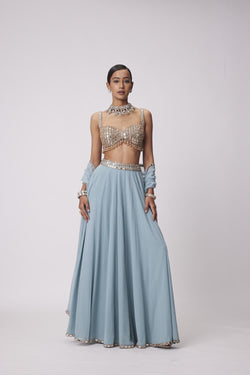 Powder Blue Mirror Embroidered Lehenga Pants Set