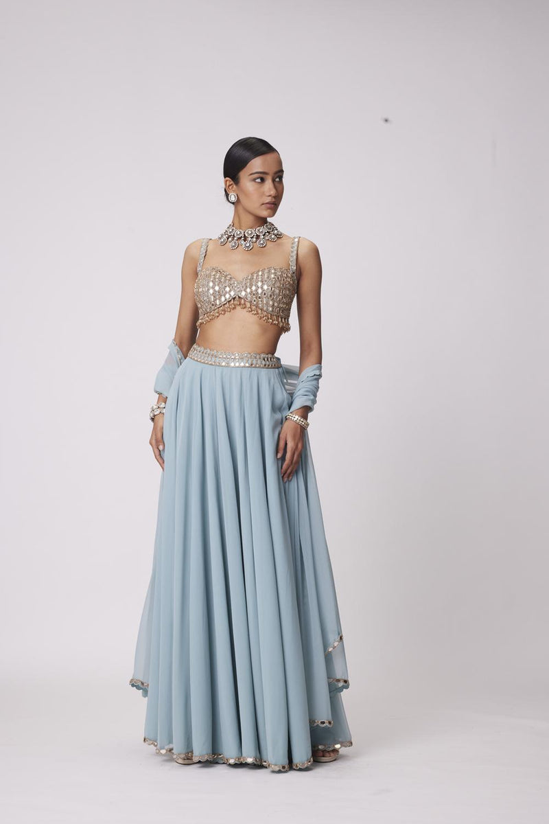 Powder Blue Mirror Embroidered Lehenga Pants Set