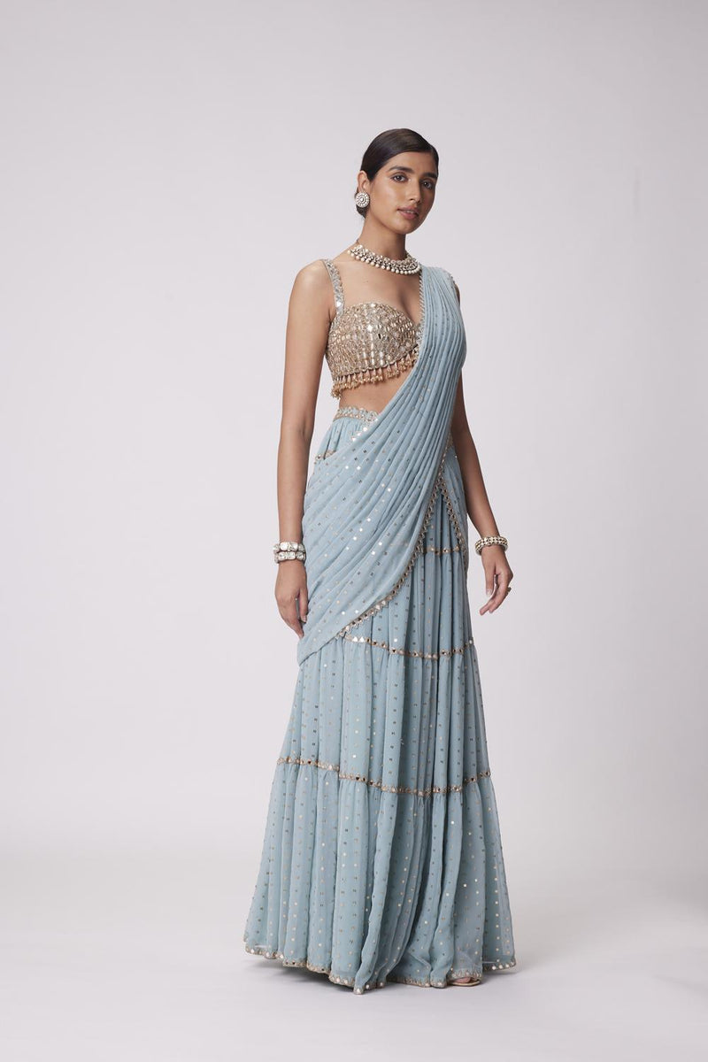 Powder Blue Multi Tier Saree Set