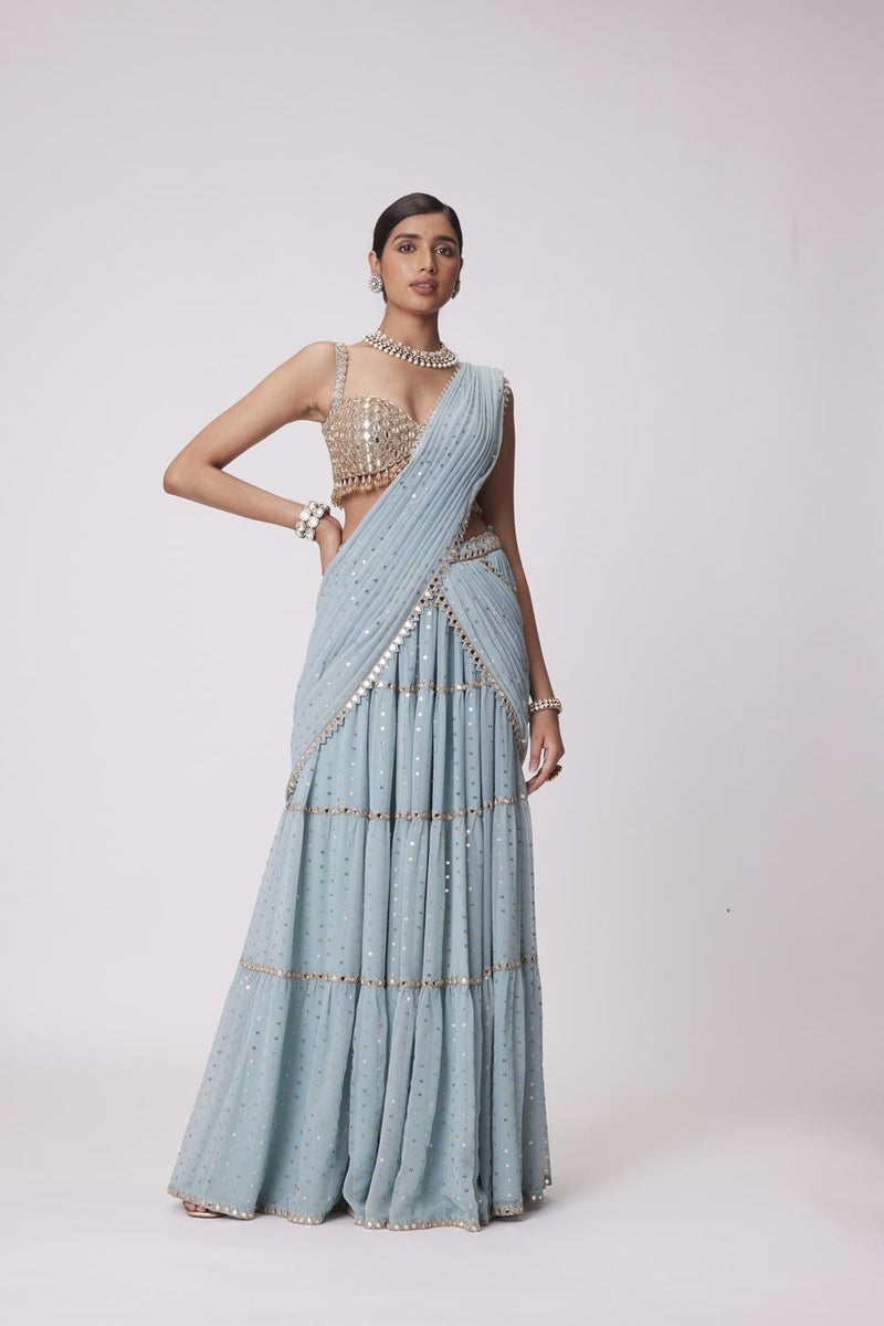 Powder Blue Multi Tier Saree Set