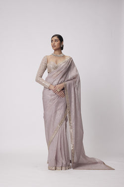 Ash Pink Hand Embroidered Organza Saree Set