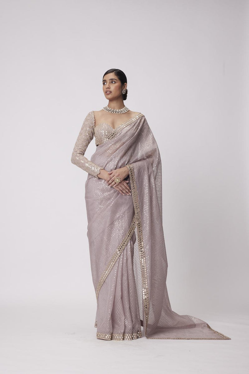 Ash Pink Hand Embroidered Organza Saree Set