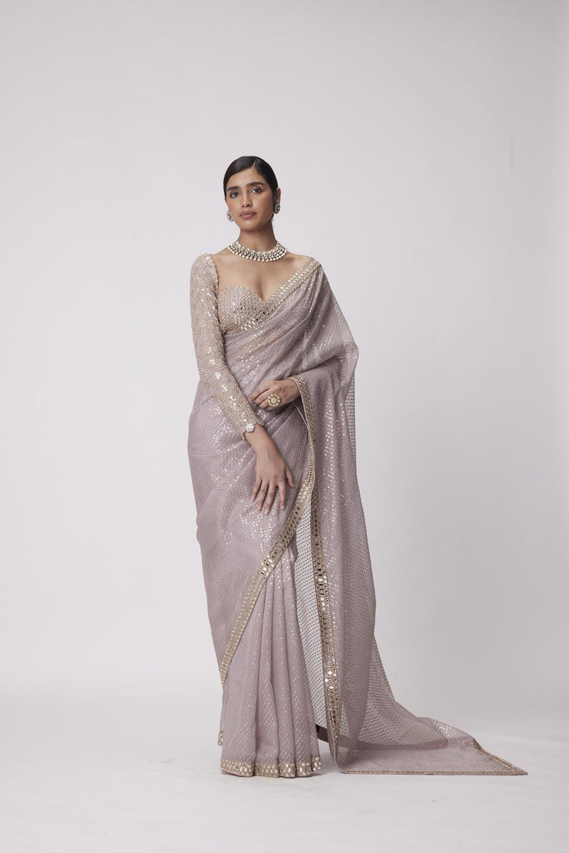 Ash Pink Hand Embroidered Organza Saree Set