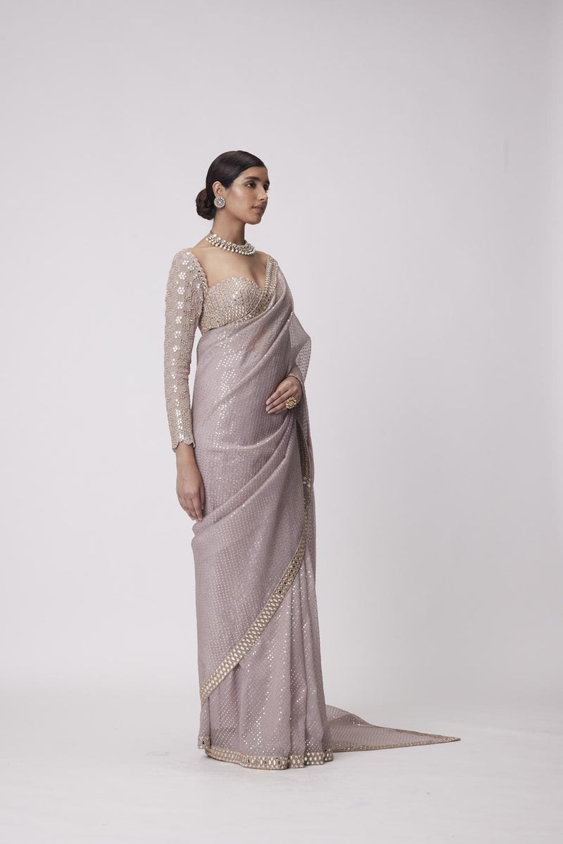 Ash Pink Hand Embroidered Organza Saree Set