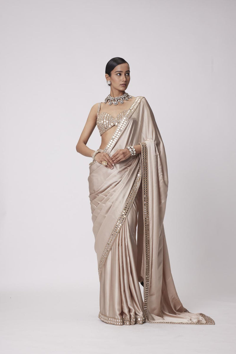 Light Beige Satin Saree Set