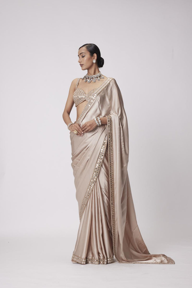 Light Beige Satin Saree Set