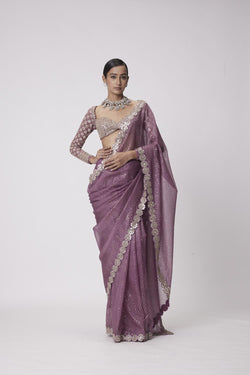 Mud  Mauve Hand Embroidered Organza Saree Set