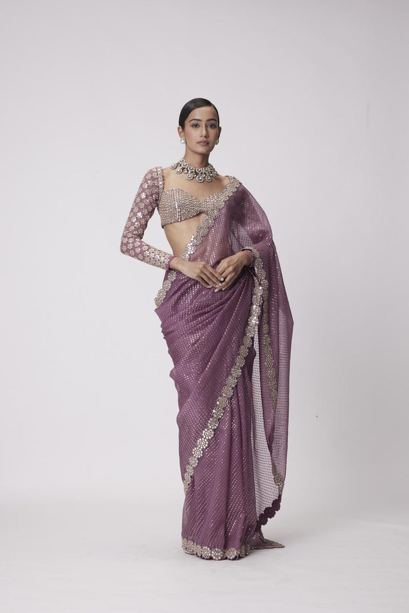 Mud  Mauve Hand Embroidered Organza Saree Set