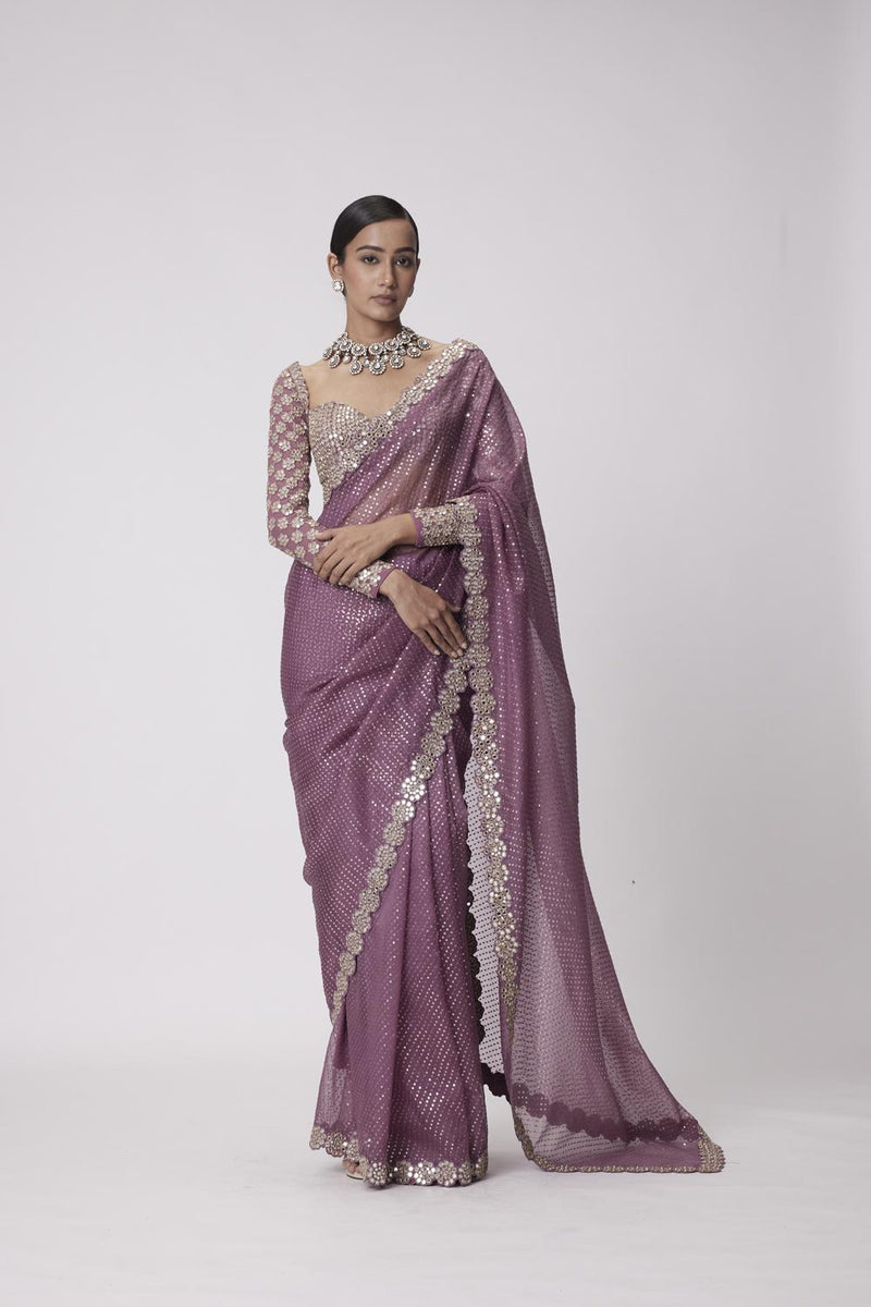 Mud  Mauve Hand Embroidered Organza Saree Set