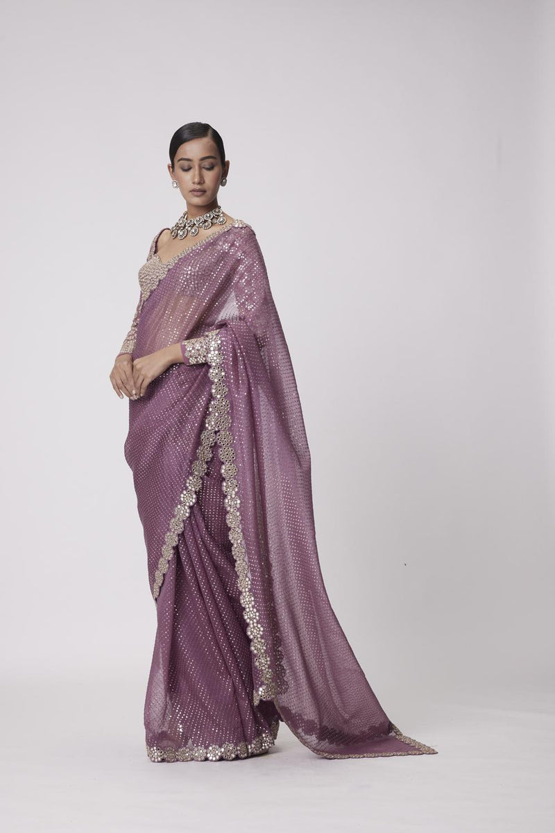 Mud  Mauve Hand Embroidered Organza Saree Set