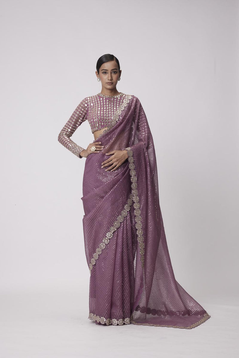 Mud  Mauve Hand Embroidered Saree Set