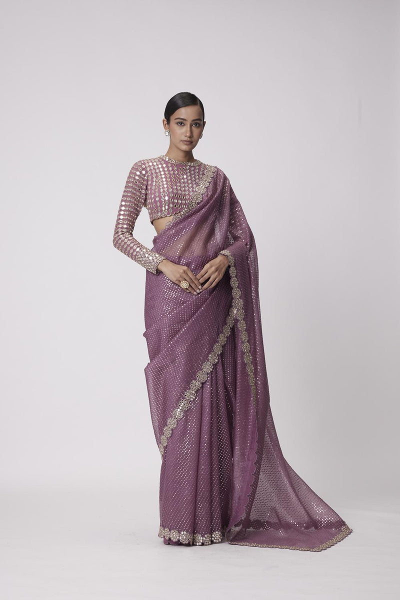 Mud  Mauve Hand Embroidered Saree Set