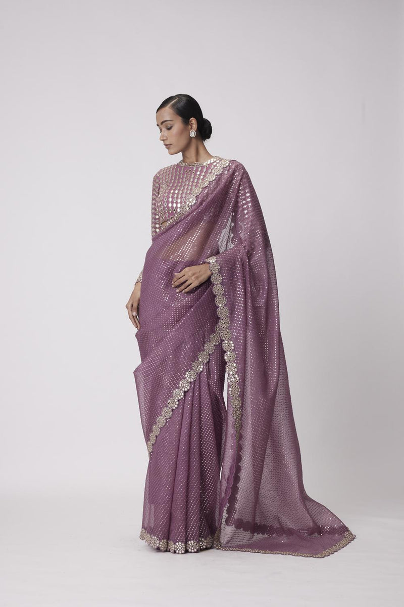 Mud  Mauve Hand Embroidered Saree Set