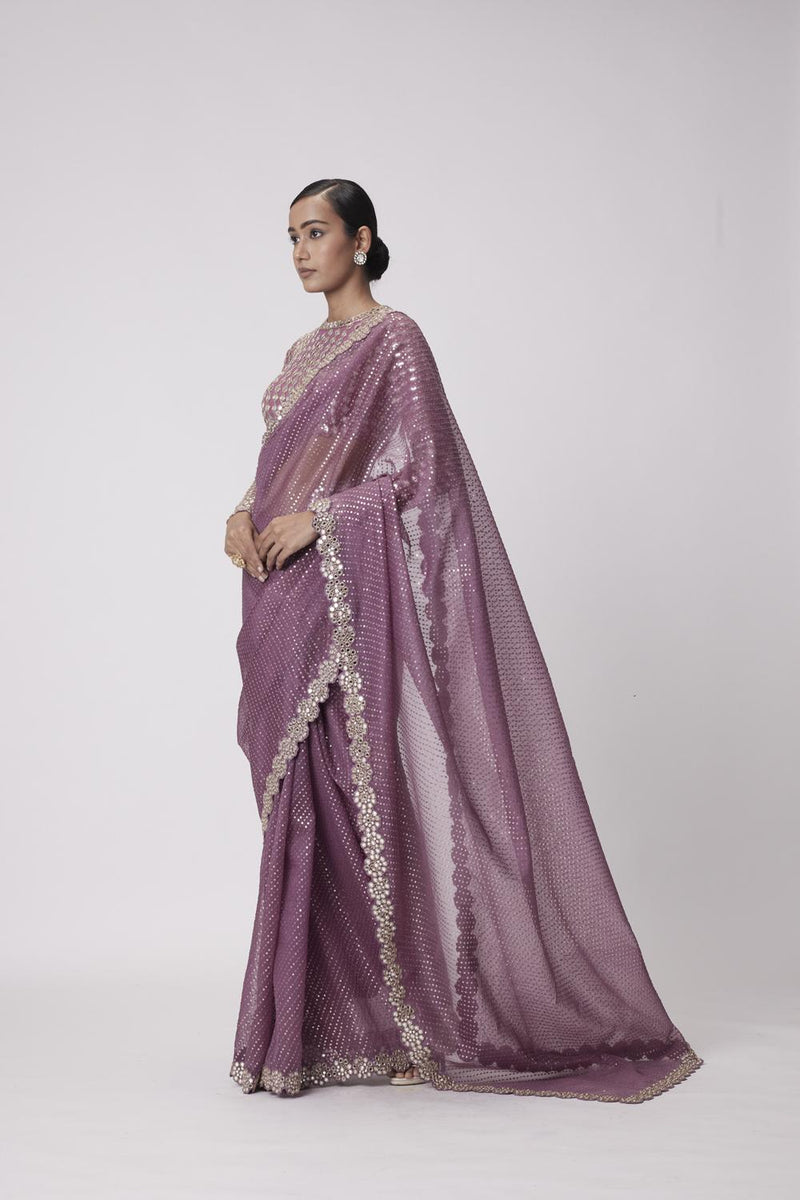 Mud  Mauve Hand Embroidered Saree Set