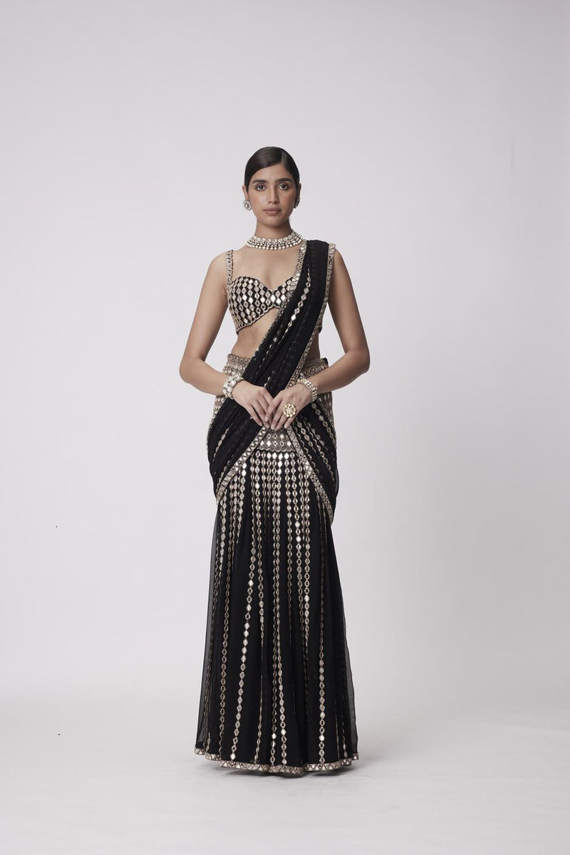 Black Pre Draped Saree Set