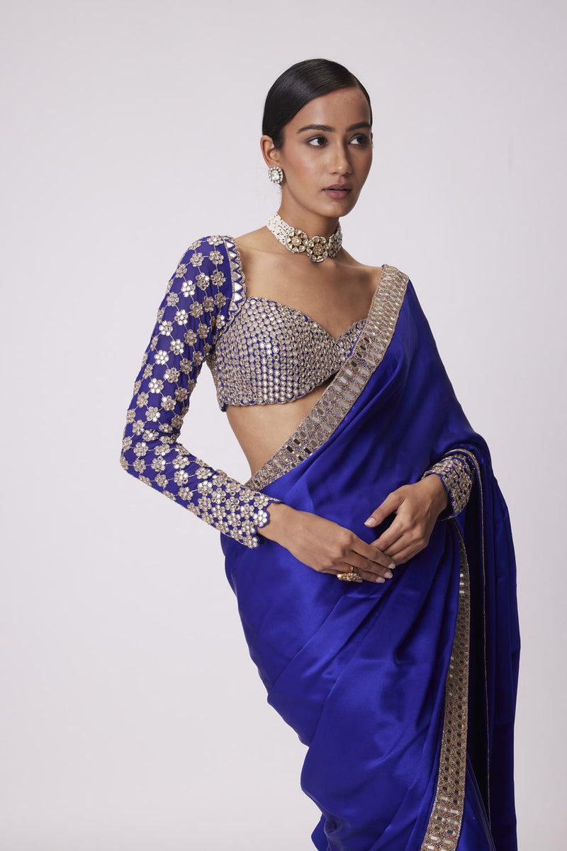 Persian  Blue Satin Saree Set