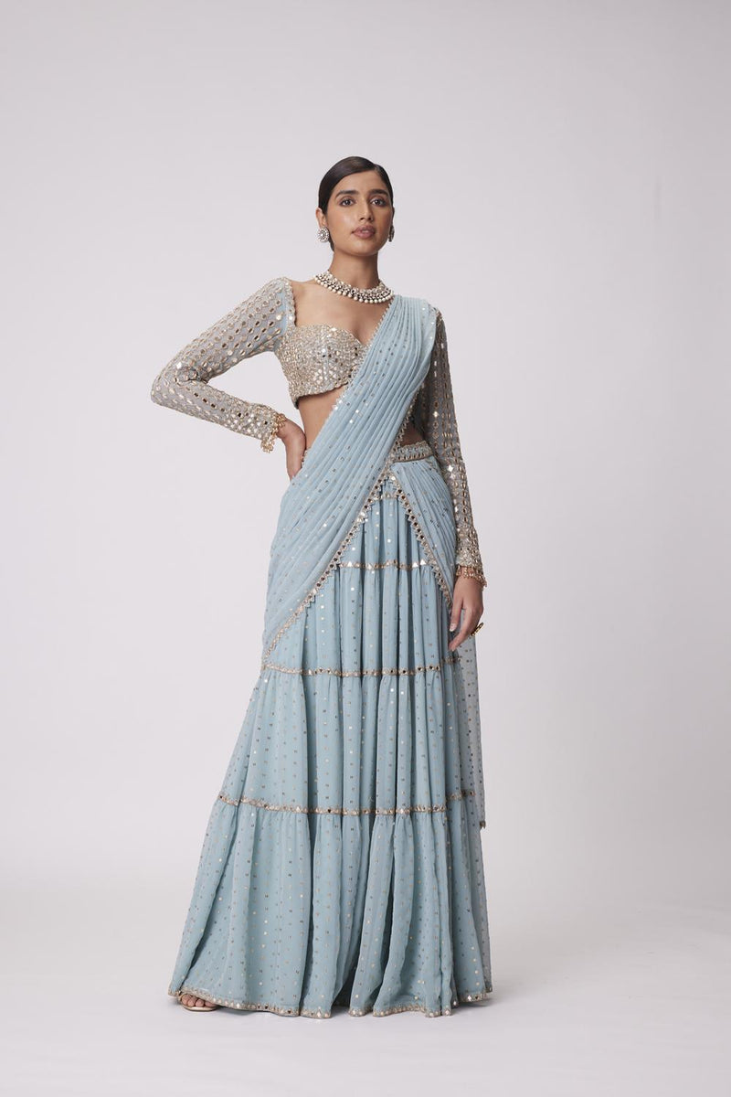 Powder Blue Multi Tier Hand Embroidered Saree Set