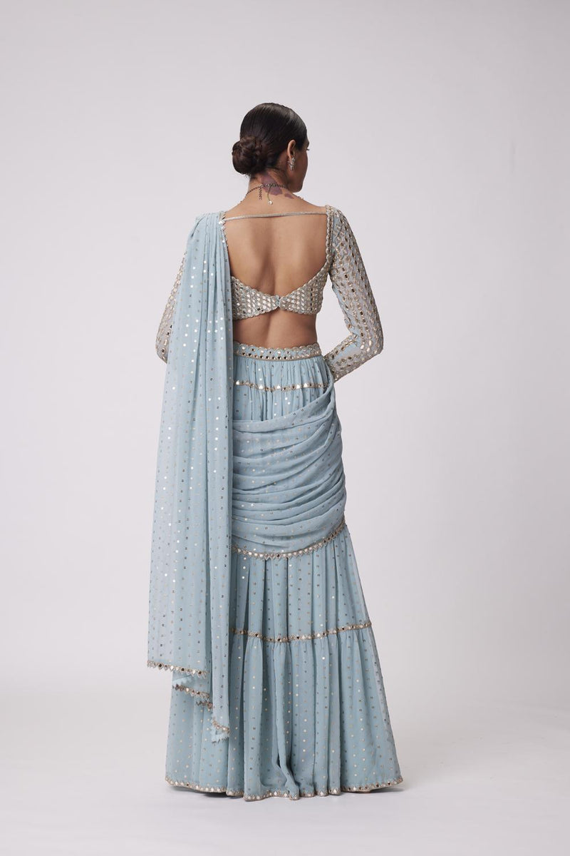 Powder Blue Multi Tier Hand Embroidered Saree Set