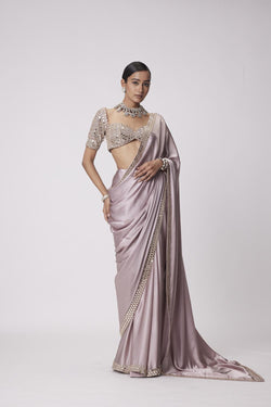 Ash Pink Satin Saree Set