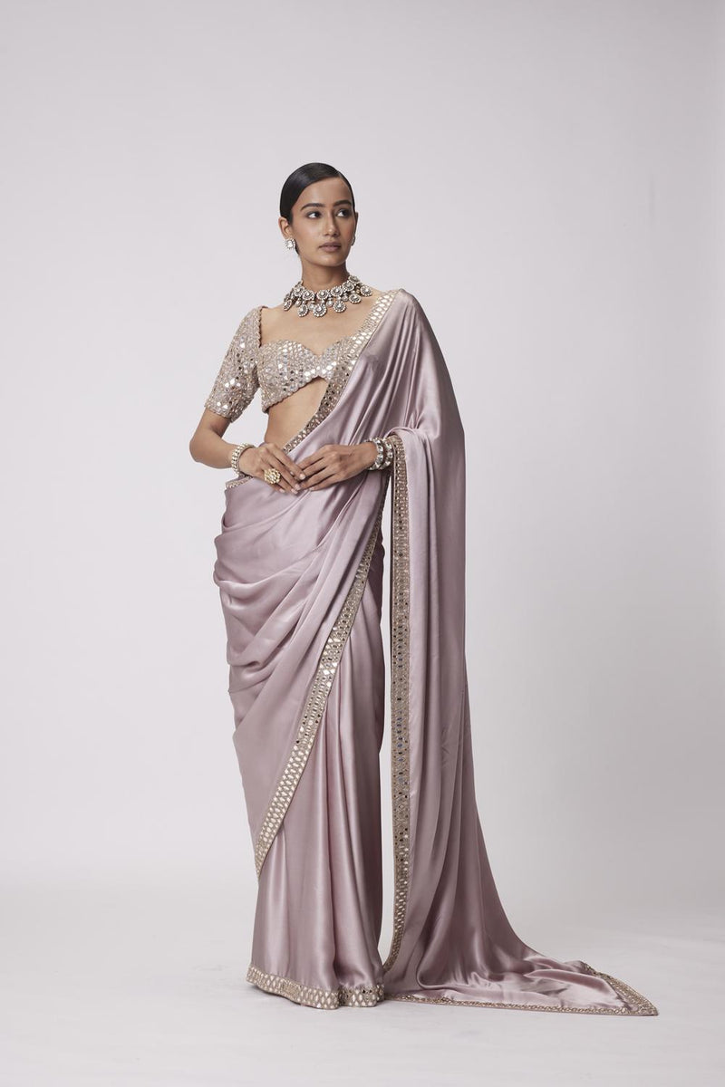 Ash Pink Satin Saree Set