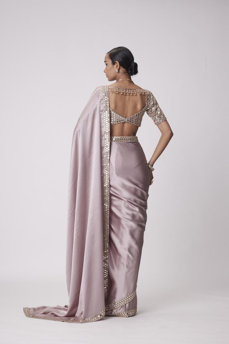 Ash Pink Satin Saree Set