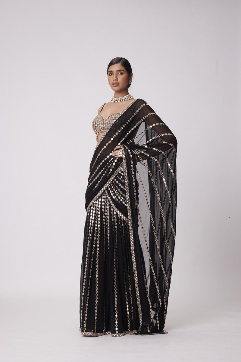 Black Pre Draped Hand Embroidered Saree Set