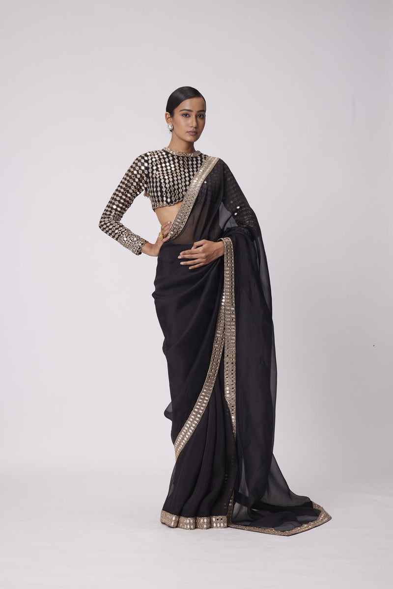 Black Hand Embroidered Organza Saree Set